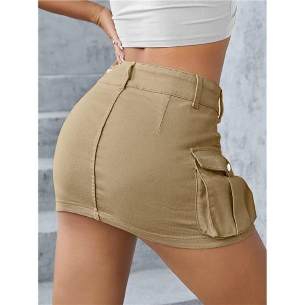Y2K Light Khaki Cargo Denim Mini Skirt Low Waist‎ Extra Short Bodycon Skirt - Picture 3 of 6